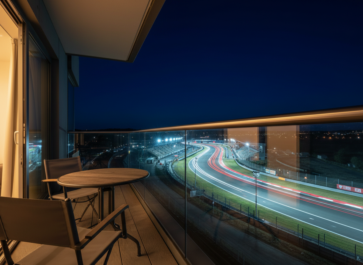 A cinematic, photographic realism night scene of Silverstone Circuit viewed from the balcony of a modern serviced apartment. In the foreground, a sleek glass railing and a small outdoor table with two empty, neatly placed folding chairs overlook the illuminated racetrack below. The track’s bright floodlights and streaks of red and white from speeding cars carve through the darkness, reflecting softly on the glass and brushed metal surfaces. Subtle interior light spills from the apartment doorway behind, adding warmth against the cool blue night. Captured from a low, slightly angled perspective that leads the eye from the balcony out over the circuit, with moderate depth of field. The mood is dynamic and premium, emphasizing the thrill of Formula 1 combined with comfortable, close-by accommodation.