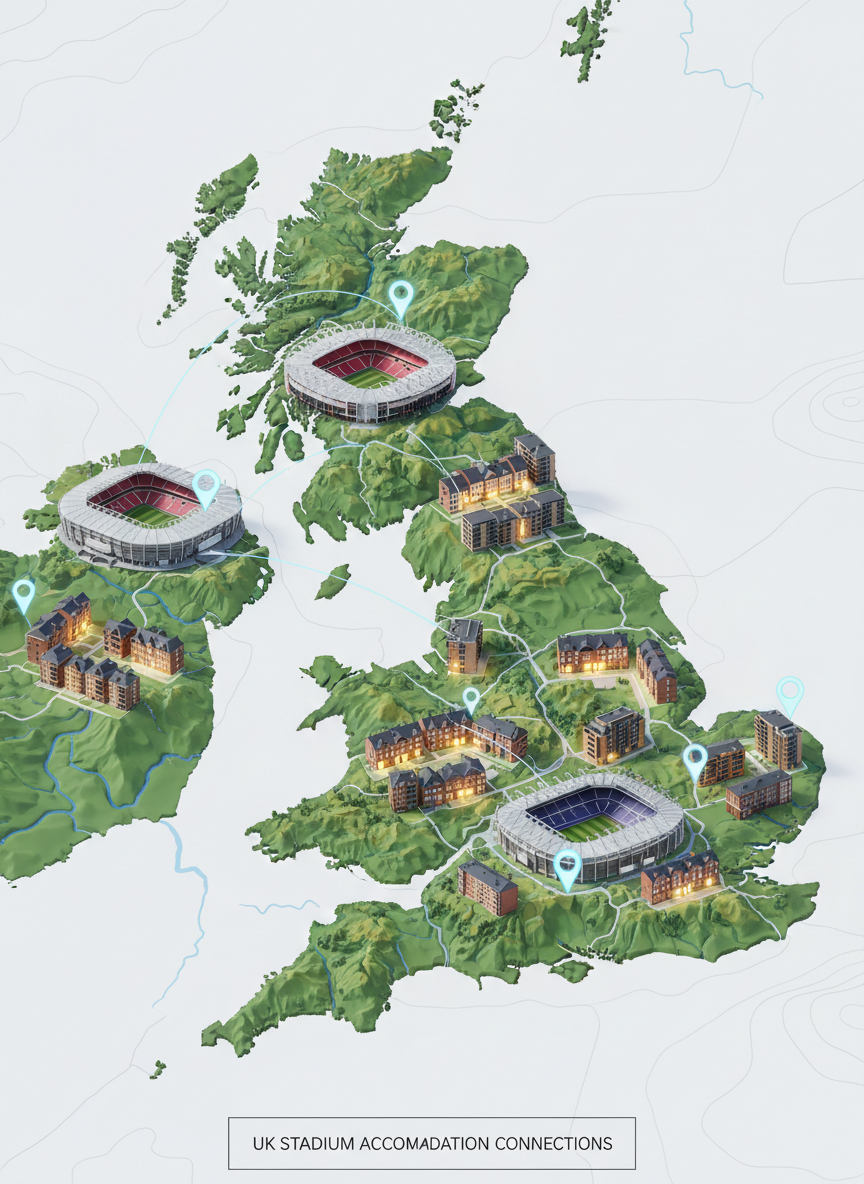 A detailed map-style overhead view of a stylized UK island, showing iconic sports stadiums as miniature, highly realistic 3D structures dotted across major cities. Each venue has a glowing marker connected to nearby clusters of modern townhouses, cozy brick terraces, and chic apartments, representing local accommodation. Soft, cool daylight illuminates the scene with subtle shadows defining buildings and roads. The background is clean white with faint contour lines, keeping focus on the colorful locations. Shot as a crisp, photographic realism render from a bird’s-eye perspective, with sharp focus throughout. The mood is professional, clear, and informative, visually expressing the idea of connecting sports fans with nearby places to stay across the country.