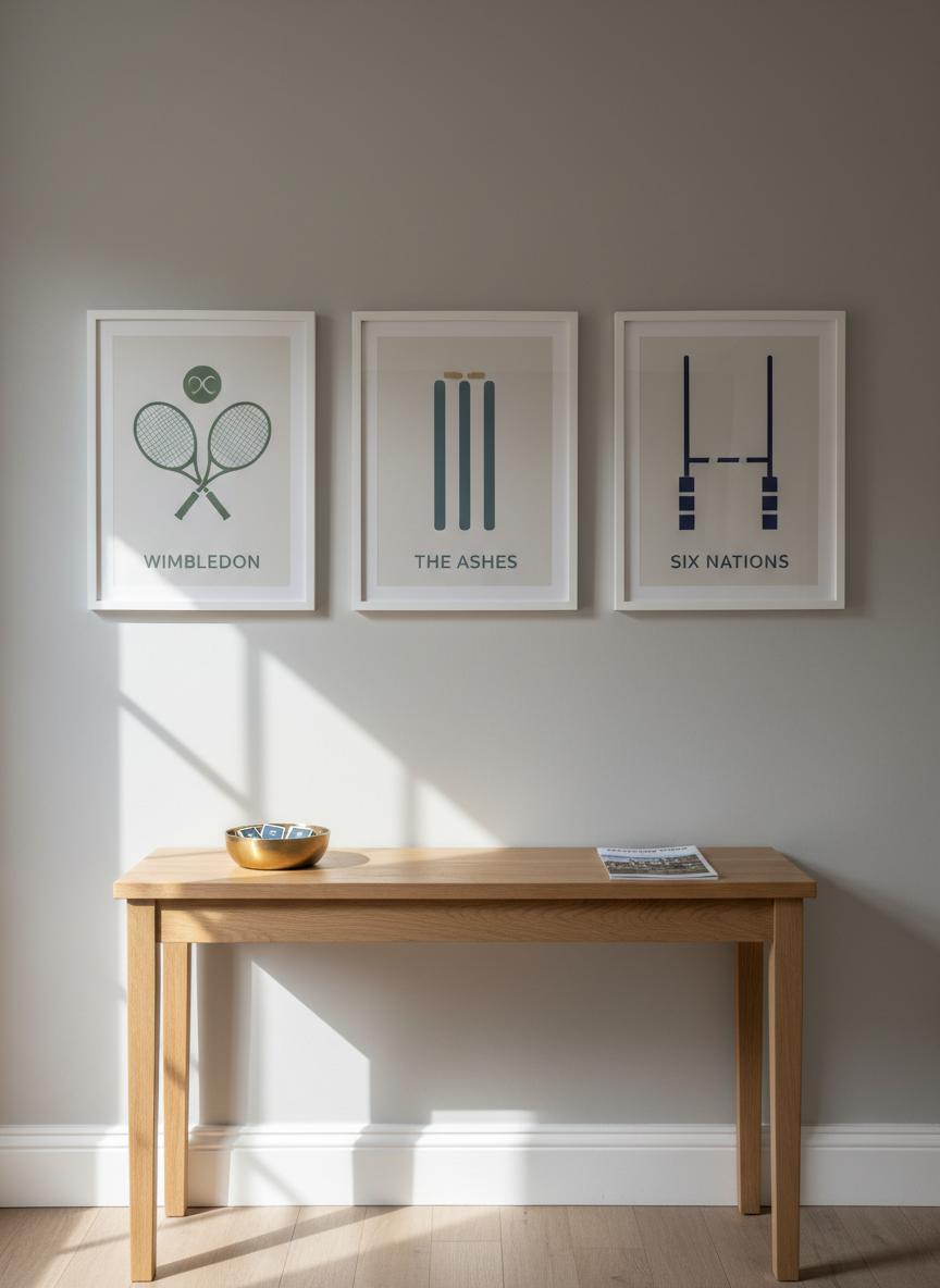 A refined, photographic realism image of a hallway in a traditional British guesthouse decorated subtly with sports travel memorabilia. On a soft grey wall, three neatly framed, minimalist posters represent Wimbledon, the Ashes, and the Six Nations using stylized rackets, stumps, and rugby posts in muted greens and blues. Below, a narrow console table in light oak holds a small brass bowl of neatly organized room keycards and a folded city guide labelled “Matchday Stays”. Soft, diffused afternoon light from an unseen side window bathes the space, producing gentle shadows and a calm ambiance. Shot straight-on at eye level with symmetrical framing and sharp focus, the composition feels orderly, welcoming, and professional, suggesting a property that thoughtfully caters to visiting sports fans.