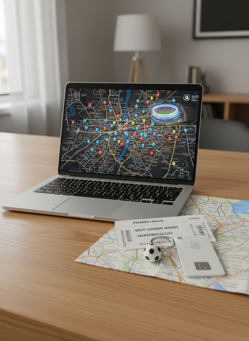 A close-up, photographic realism image of a neat wooden desk with a sleek open laptop displaying a map of London marked with glowing pins around a prominent football stadium icon. Next to it lies a printed match ticket, a small keyring with a miniature football, and a modern, contactless room keycard resting on a folded city map. Soft natural daylight from an unseen window casts gentle, directional light, creating subtle reflections on the laptop screen and keycard. The background fades into a softly blurred, neutral office interior, emphasizing the workspace. Shot at an eye-level angle using the rule of thirds, the composition feels organized, professional, and reassuring, symbolizing simple, stress-free planning of accommodation near major sports events.