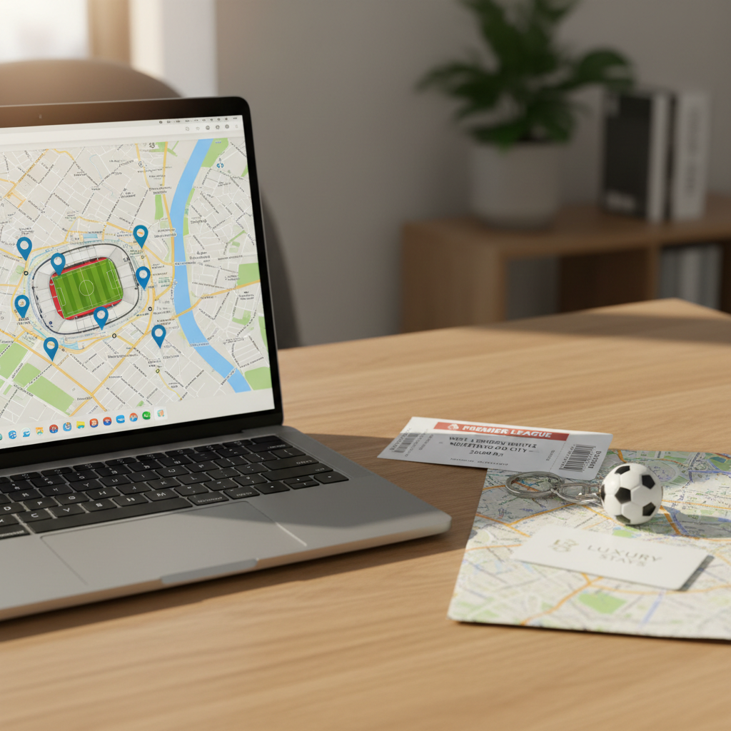 A close-up, photographic realism image of a neat wooden desk with a sleek open laptop displaying a map of London marked with glowing pins around a prominent football stadium icon. Next to it lies a printed match ticket, a small keyring with a miniature football, and a modern, contactless room keycard resting on a folded city map. Soft natural daylight from an unseen window casts gentle, directional light, creating subtle reflections on the laptop screen and keycard. The background fades into a softly blurred, neutral office interior, emphasizing the workspace. Shot at an eye-level angle using the rule of thirds, the composition feels organized, professional, and reassuring, symbolizing simple, stress-free planning of accommodation near major sports events.