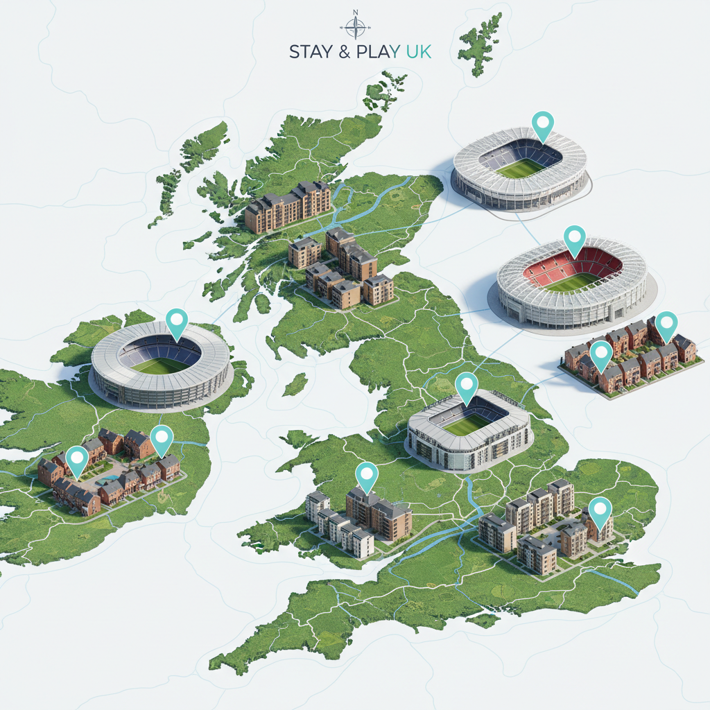 A detailed map-style overhead view of a stylized UK island, showing iconic sports stadiums as miniature, highly realistic 3D structures dotted across major cities. Each venue has a glowing marker connected to nearby clusters of modern townhouses, cozy brick terraces, and chic apartments, representing local accommodation. Soft, cool daylight illuminates the scene with subtle shadows defining buildings and roads. The background is clean white with faint contour lines, keeping focus on the colorful locations. Shot as a crisp, photographic realism render from a bird’s-eye perspective, with sharp focus throughout. The mood is professional, clear, and informative, visually expressing the idea of connecting sports fans with nearby places to stay across the country.